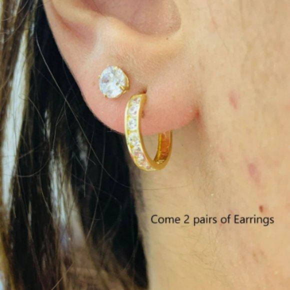 2 Pairs Earrings Stud Huggies Hoop Earrings for WOMENS 10K Yellow Gold CZ Stones - Picture 1 of 5